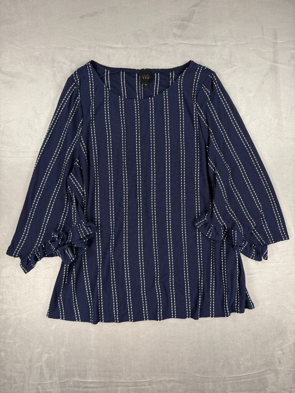 W5 Concepts Anthropologie Women's Top Size 1X Blue Stripe 3/4 Ruffled Sleeve